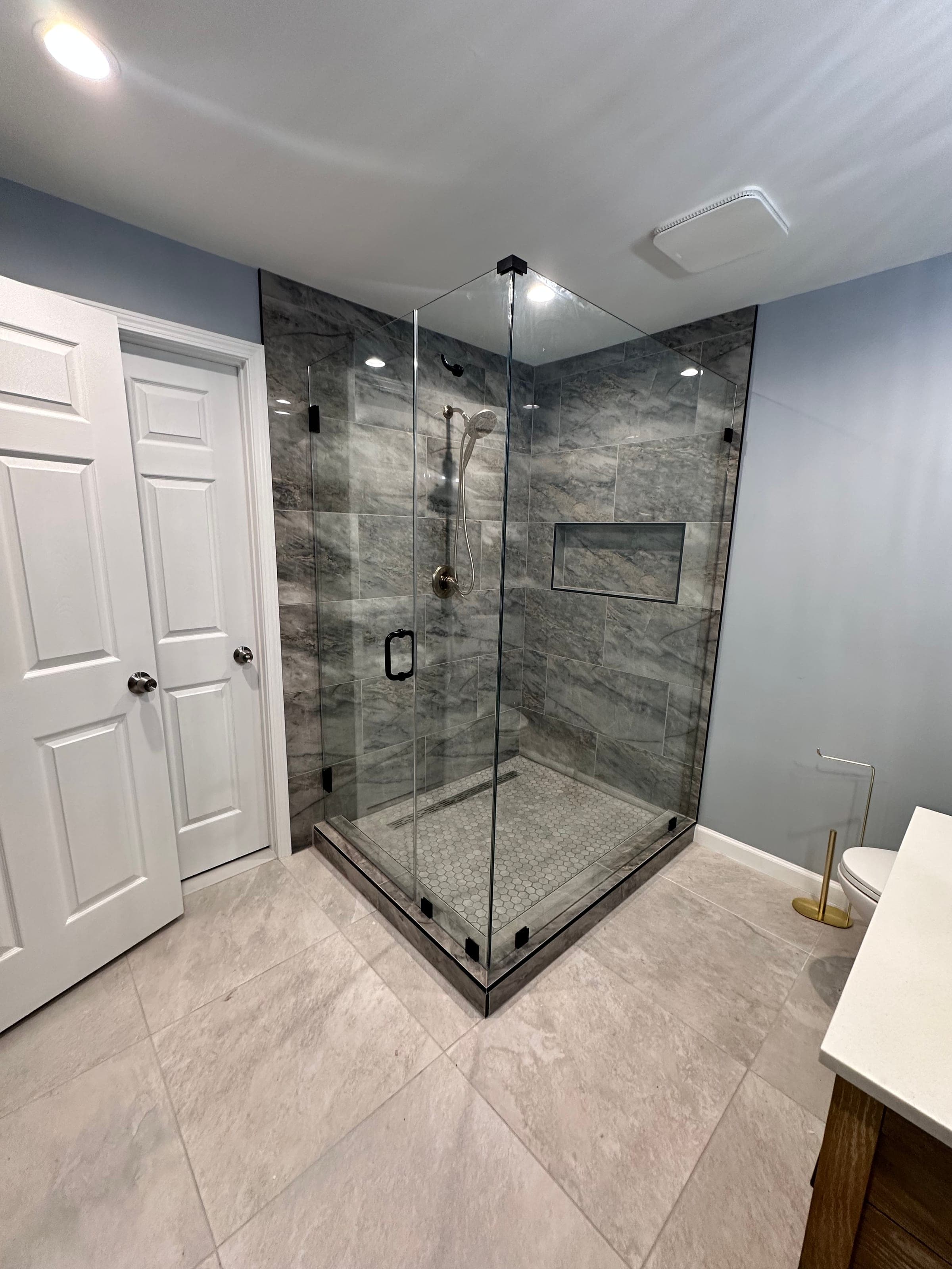 Basement Guest Bath, Navy & Brass, Northern Virginia — finished work, photo 3