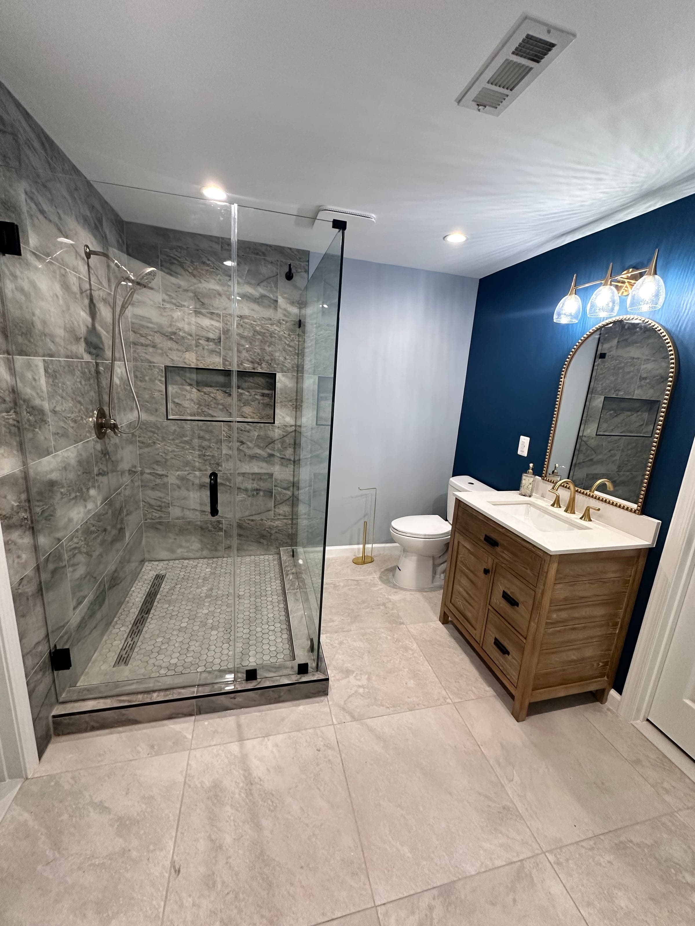 Basement Guest Bath, Navy & Brass, Northern Virginia — finished work, photo 2