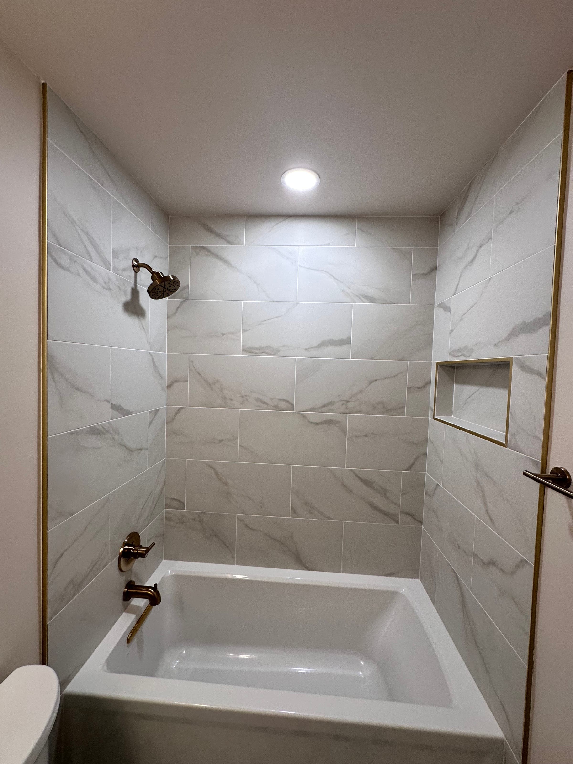 Hall Bath, Brass & Lattice Tile, Northern Virginia — finished work, photo 2